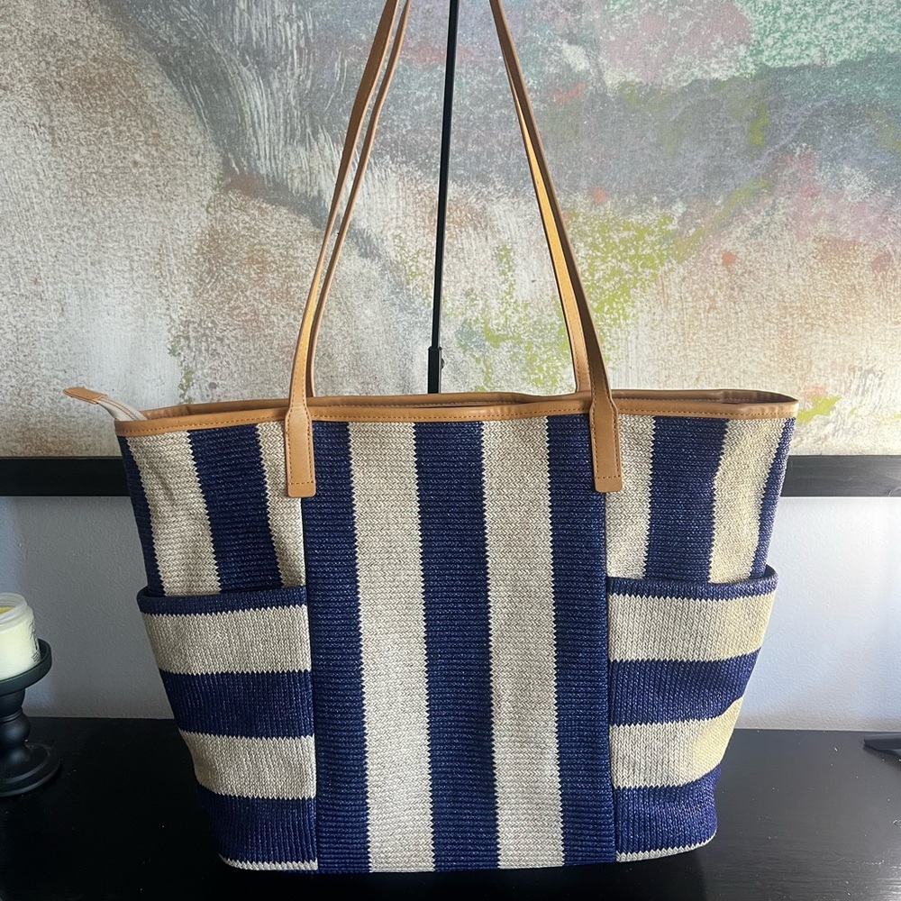 Vera Bradley Navy and Cream Floral-Embroidered Straw Tote with Tan Handles - Picture 6 of 12